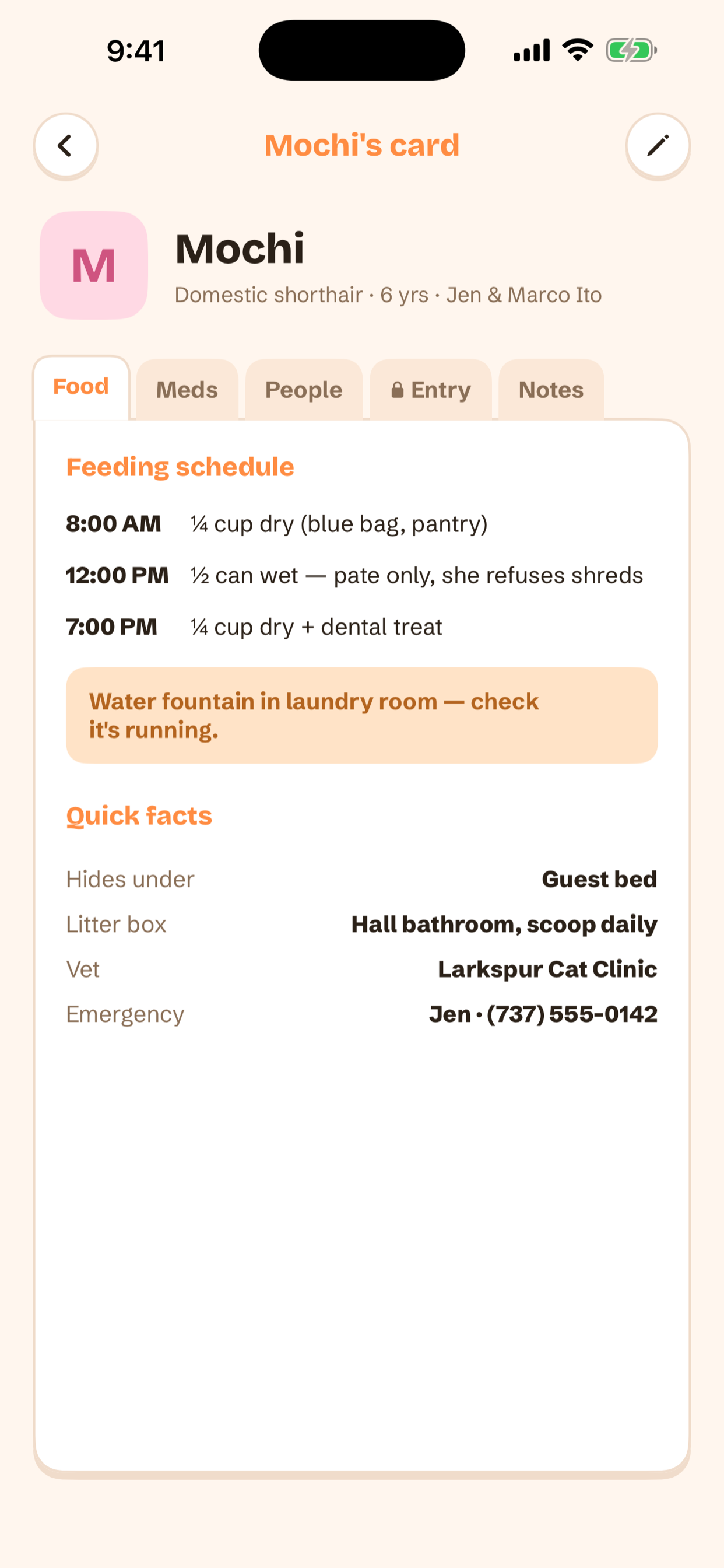 Pet card in the Pawdex pet sitting app showing a pet's feeding schedule, medications and care notes