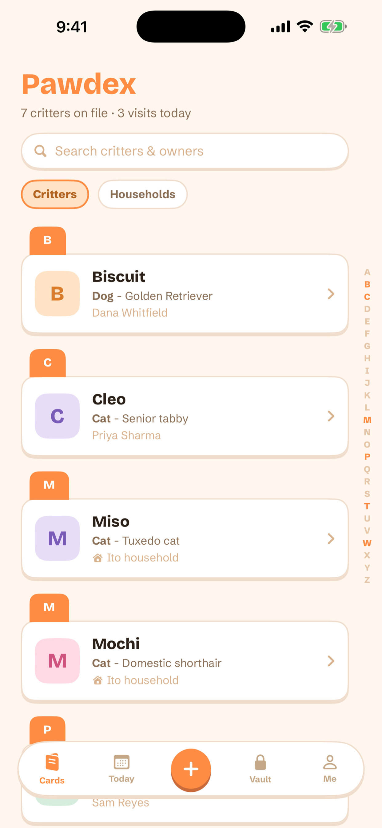 Pawdex home screen — a rolodex of pet cards for every pet a sitter looks after