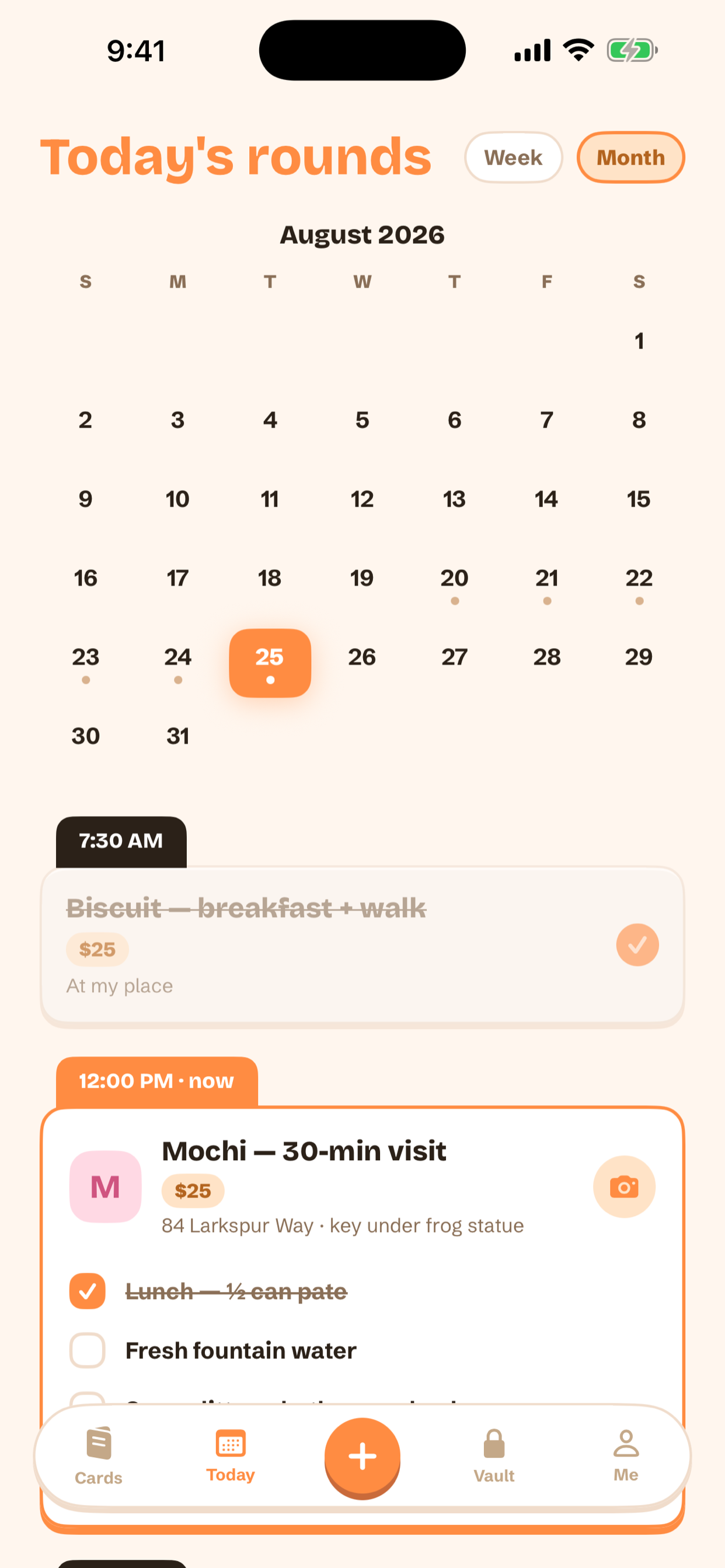 Monthly calendar in Pawdex showing scheduled pet sitting and dog walking visits