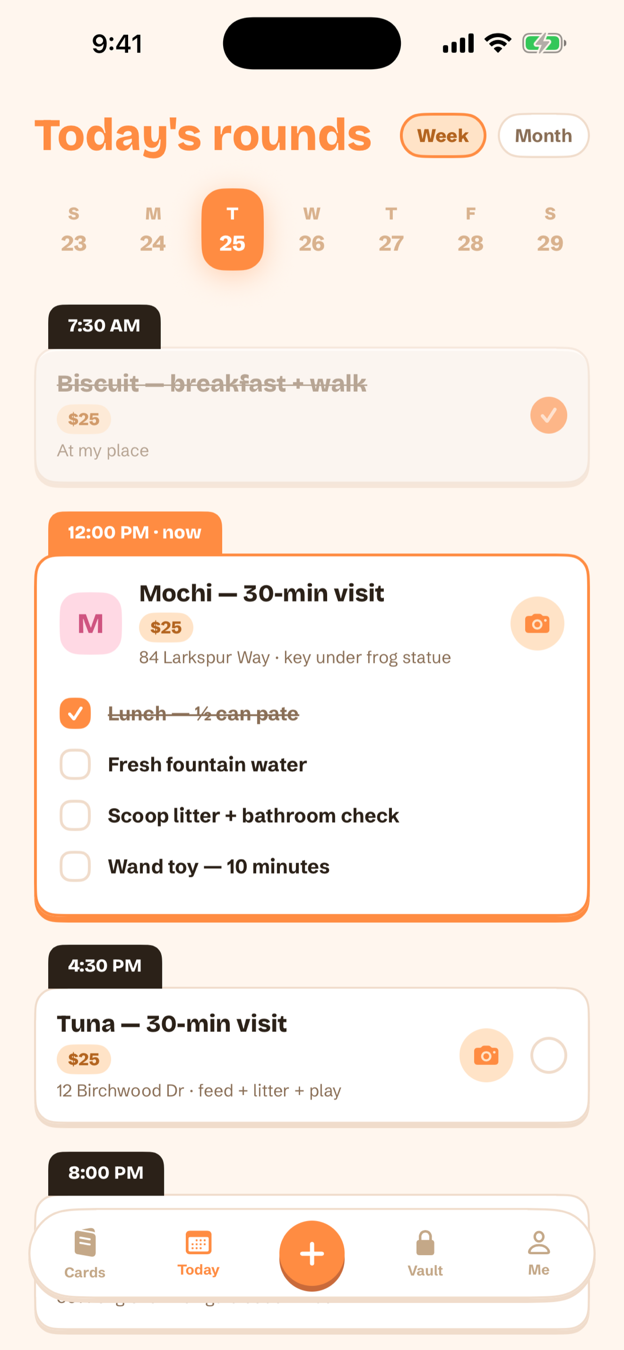 Today's rounds screen in Pawdex listing the day's pet sitting visits with live checklists