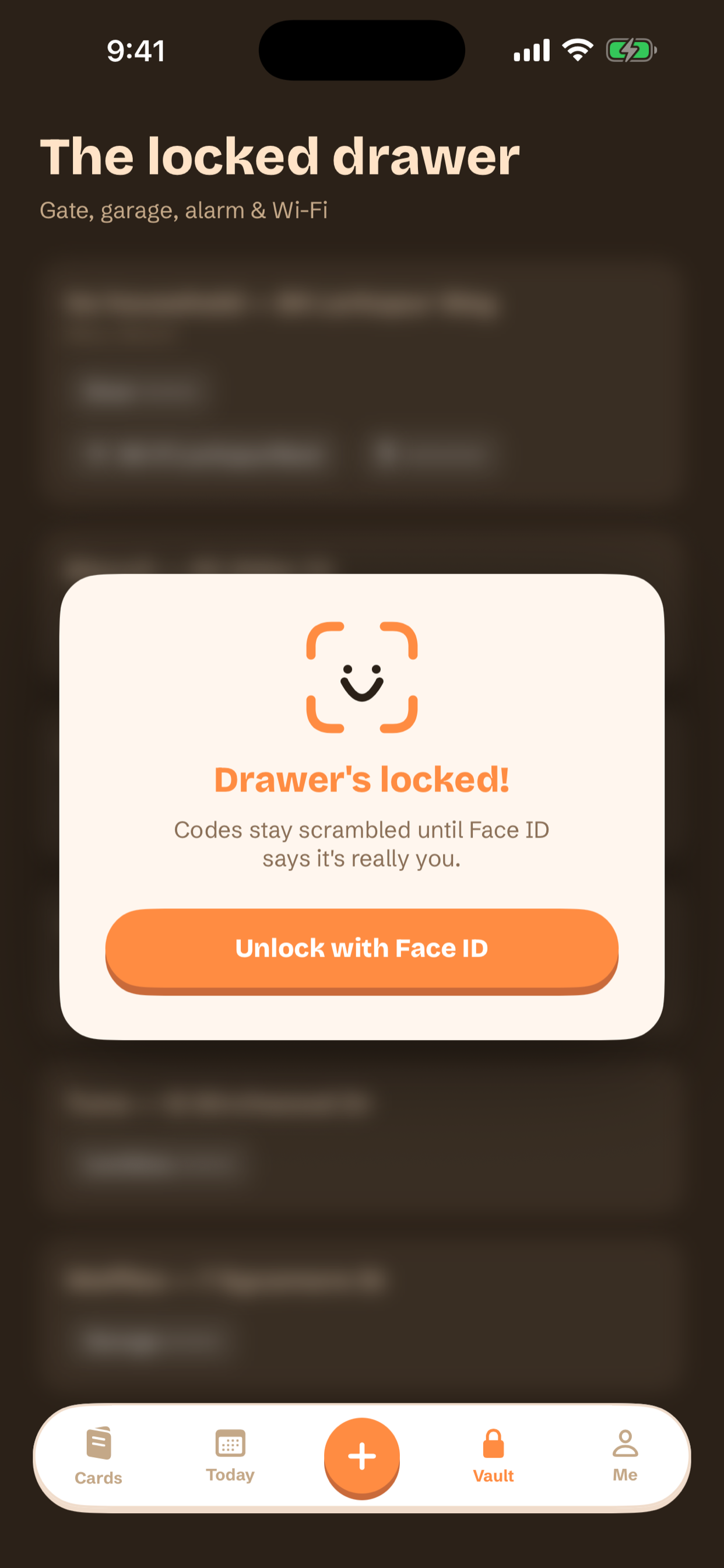 Pawdex vault screen with gate, garage and alarm codes locked behind Face ID